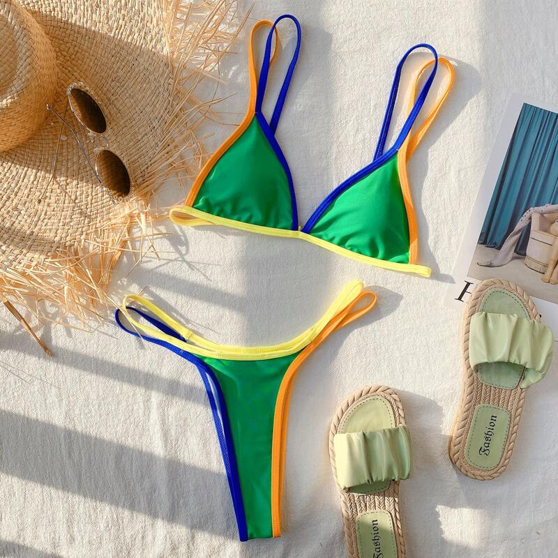 

Contrast Binding Triangle Thong Bikini Swimsuit, Green