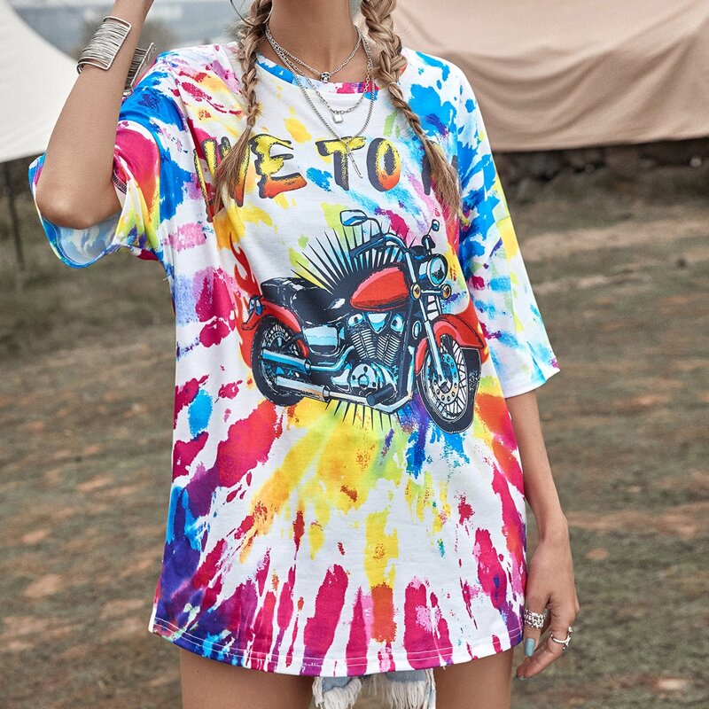 

Tie Dye And Motorcycle Print Drop Shoulder Tee, Multicolor