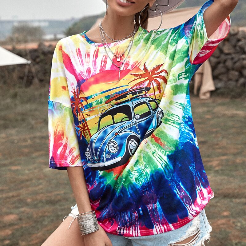 

Tie Dye And Car Print Drop Shoulder Tee, Multicolor