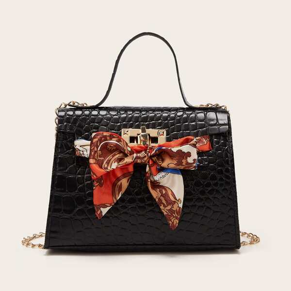 

Twilly Scarf Decor Croc Embossed Satchel Bag, Black