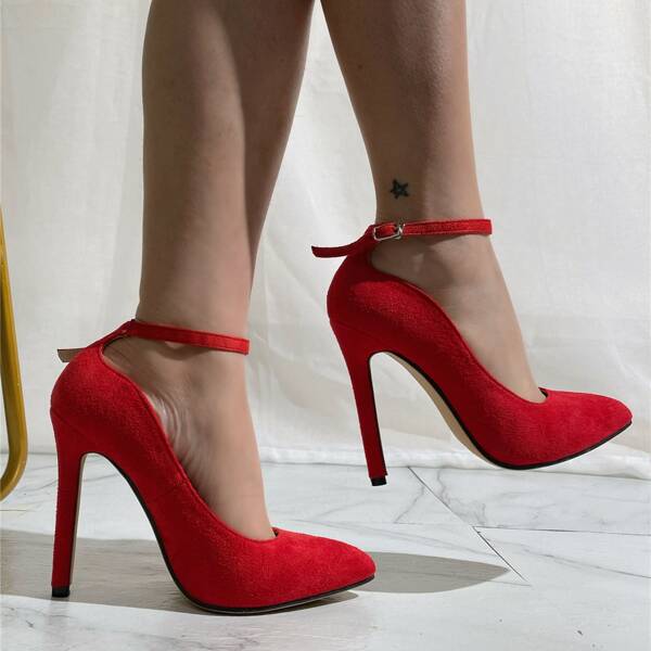 

Point Toe Ankle Strap Court Pumps, Red