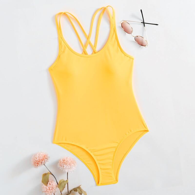 

Solid Crisscross Back One Piece Swimsuit, Yellow