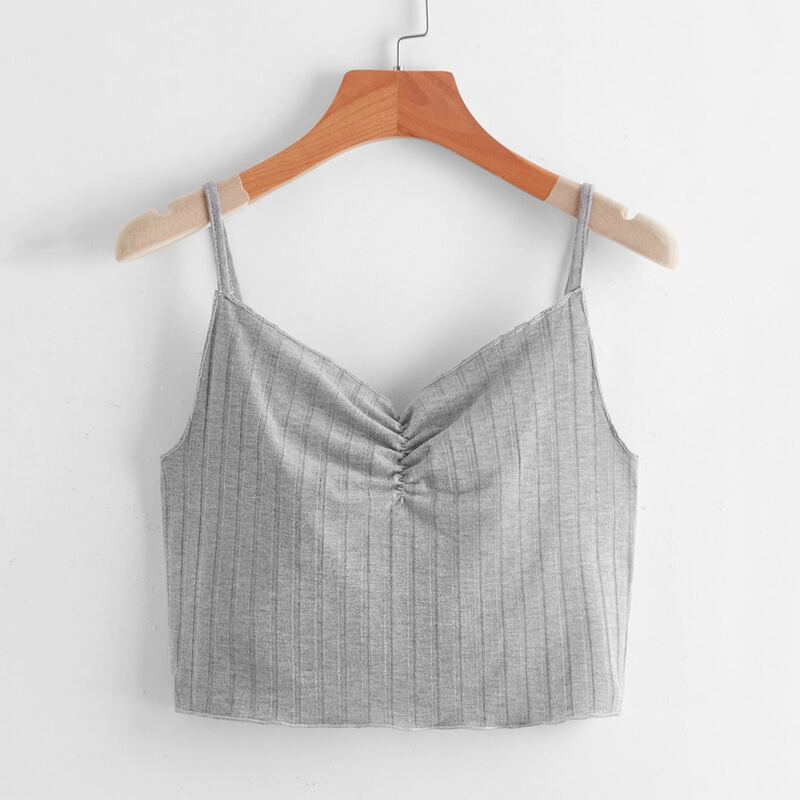 

Solid Ribbed Ruched Crop Cami, Grey