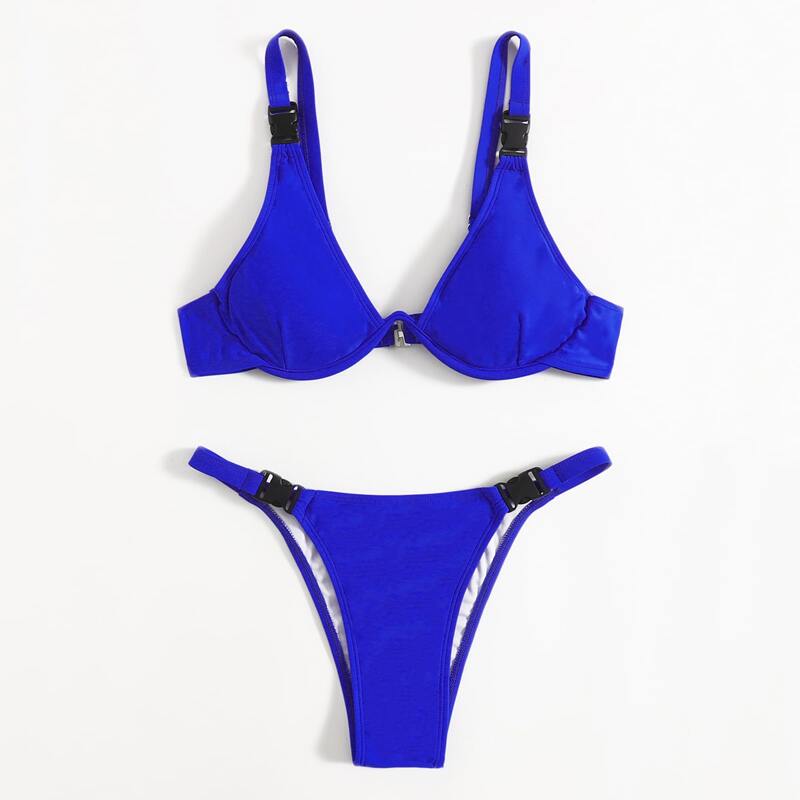 

Buckle Decor Underwire Bikini Swimsuit, Royal blue
