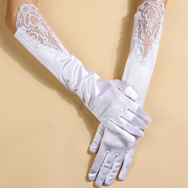 

Faux Pearl Decor Long Gloves, White