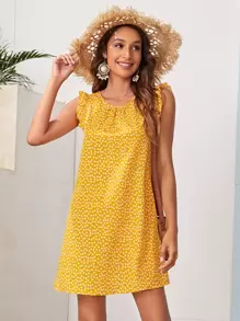 SHEIN VCAY 小碎花荷葉邊連衣裙 - 黃色 - 查看 1
