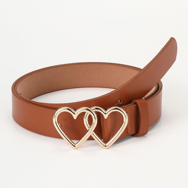 

Double Heart Buckle PU Belt, Camel