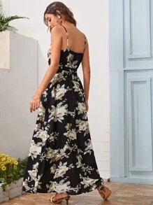 SHEIN 花卉開衩大腿圍裹腰帶吊帶連衣裙