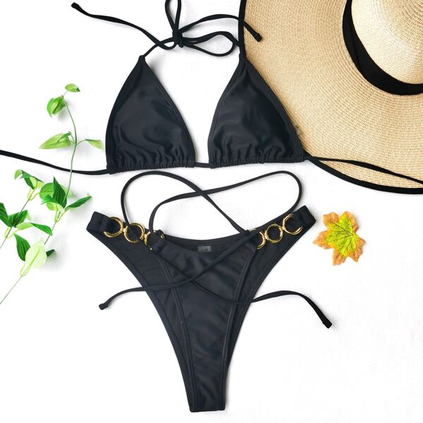 

Chain Linked Micro Triangle Bikini Swimsuit, Black