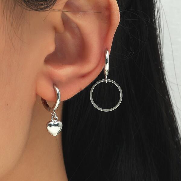 

2pairs Heart & Round Drop Earrings, Silver