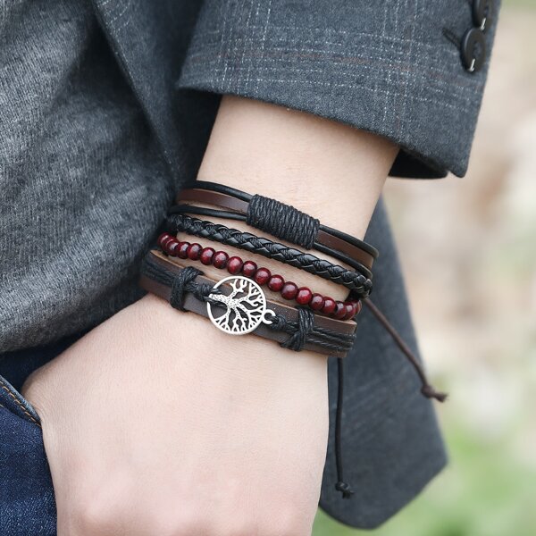 

4pcs Men PU Leather Braided Bracelet, Multicolor