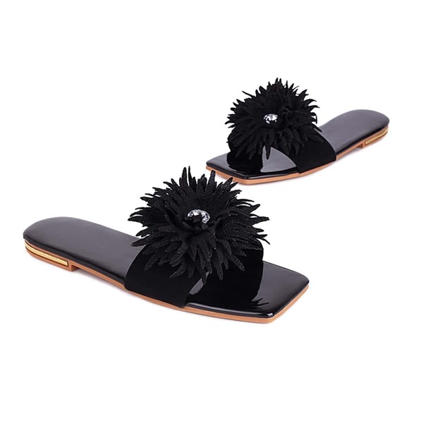 

Floral Decor Slide Sandals, Black