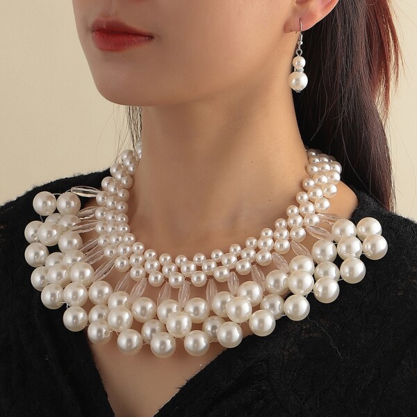 

Faux Pearl Beaded Layered Necklace & Earrings, White
