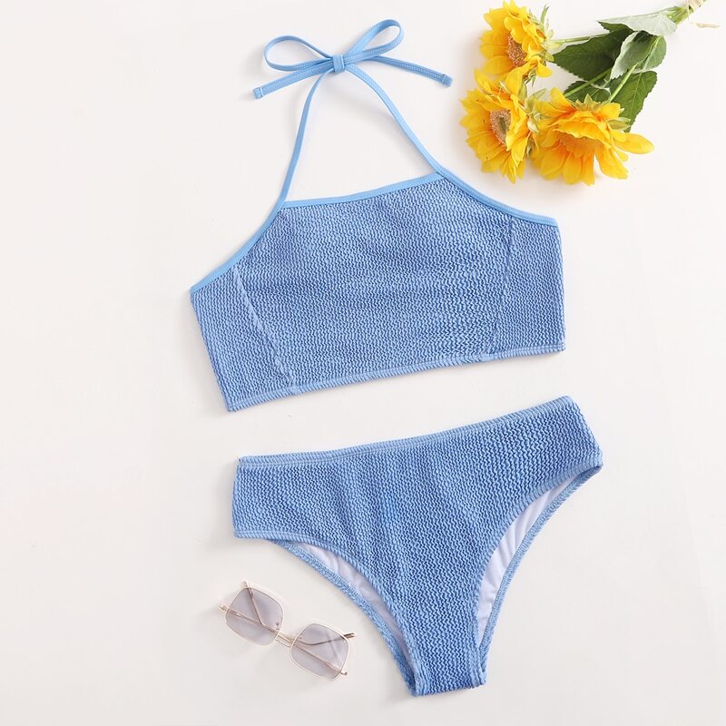 

Plain Halter Bikini Swimsuit, Blue