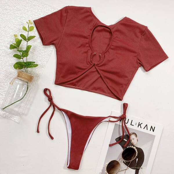 

Rib Ring Linked Tie Side Bikini Swimsuit, Red
