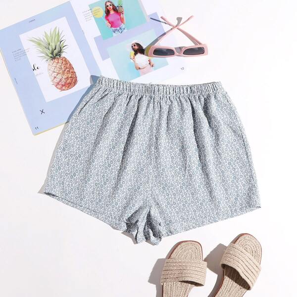 

Elastic Waist Ditsy Floral Shorts, Blue and white