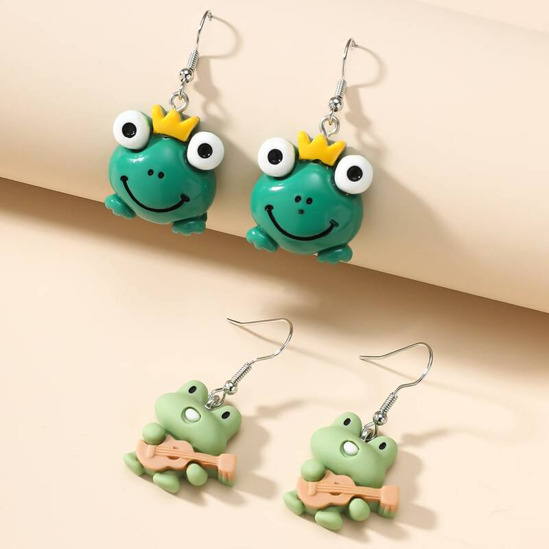 

2pairs Cartoon Frog Drop Earrings, Green