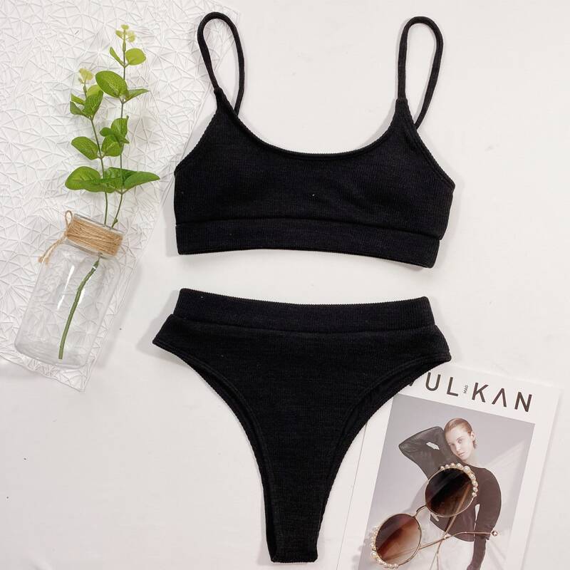 

Plain High Waisted Bikini Swimsuit, Black