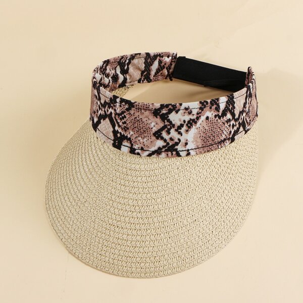 

Leopard Print Straw Visor Hat, Beige