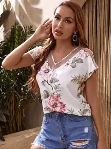 SHEIN Clasi Top con estampado floral con malla transparente - Multicolor - Ver 5