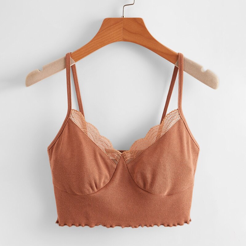 

Contrast Lace Lettuce Trim Cami, Brown