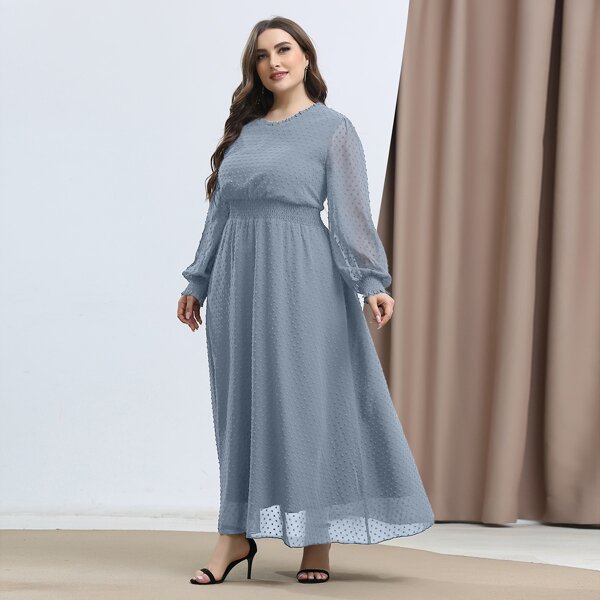 

Plus Swiss Dot Shirred Waist A-line Dress, Dusty blue