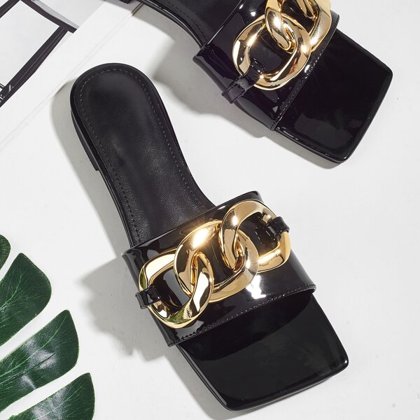 

Chain Decor Slide Sandals, Black