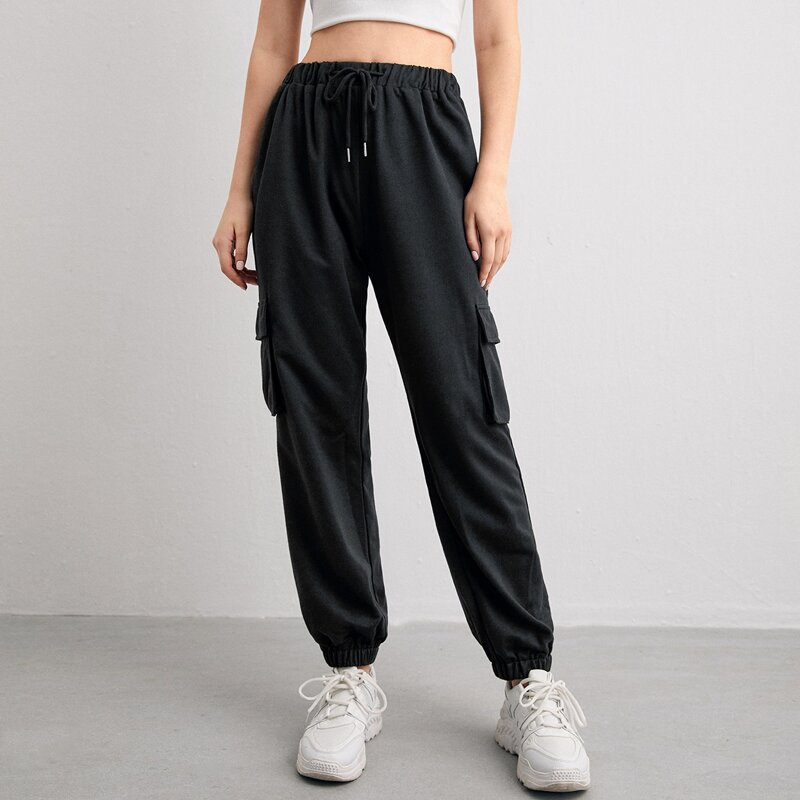 

Solid Drawstring Cargo Sweatpants, Black