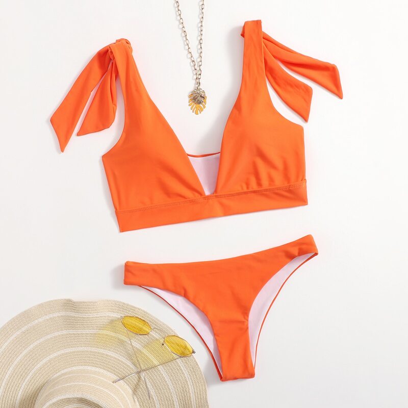 

Solid Tie Shoulder Bikini Swimsuit, Orange