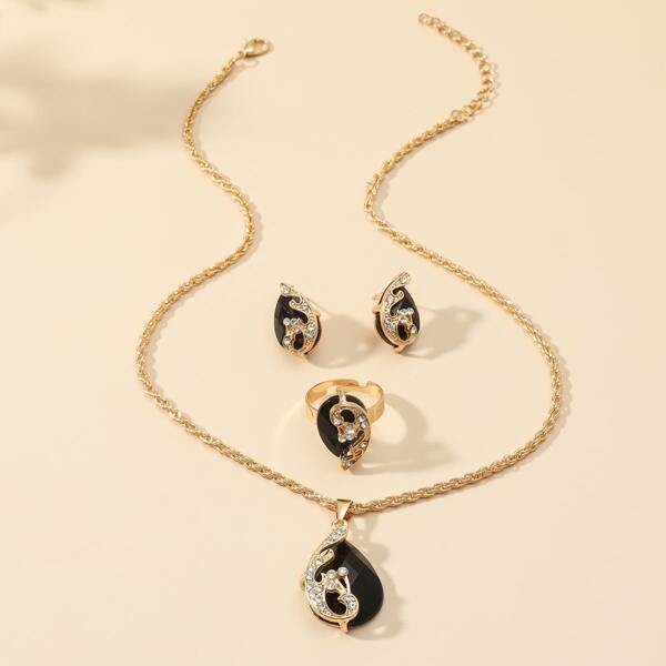 

Crystal Charm Necklace & Earrings & Ring, Black