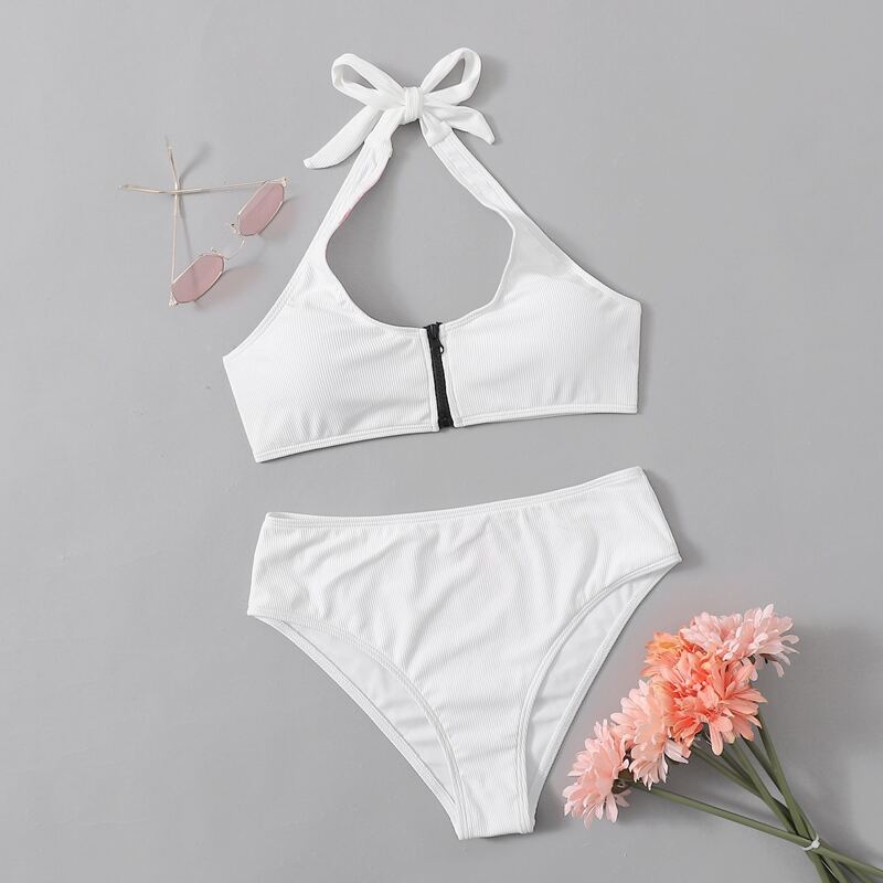 

Zip Front Halter Bikini Swimsuit, White