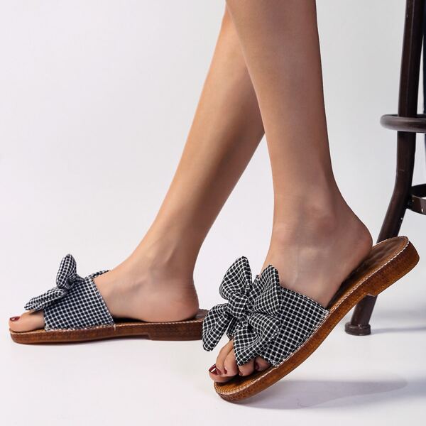 

Plaid Bow Decor Slide Sandals, Black
