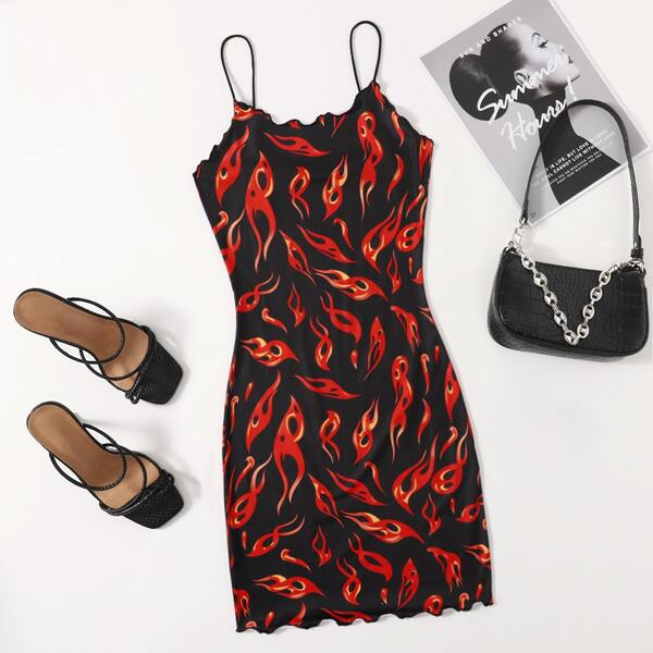 

Lettuce Trim Fire Print Bodycon Dress, Multicolor
