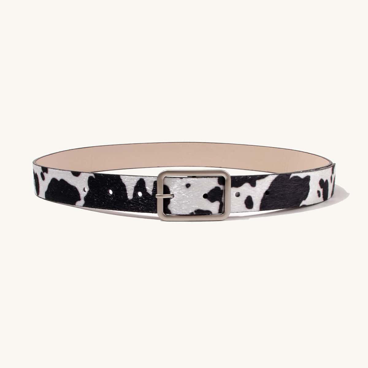 

Cow Pattern Square Buckle Belt, Black and white