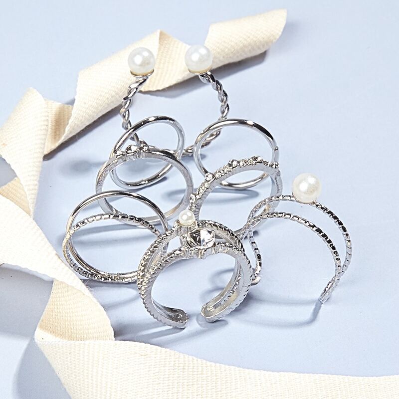 

8pcs Faux Pearl Ring, Silver