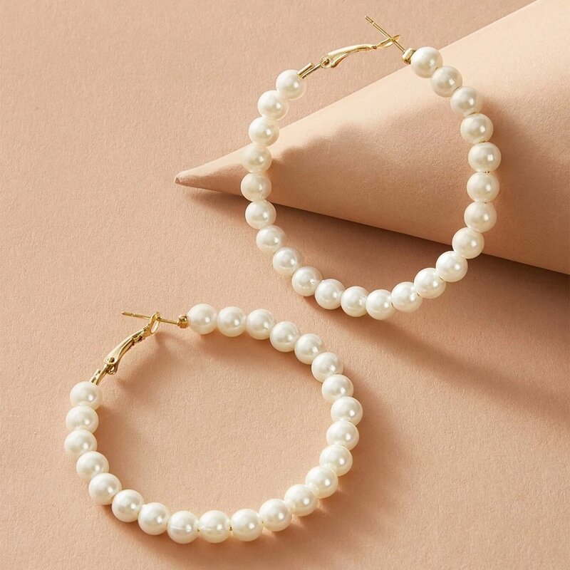 

1pair Faux Pearl Hoop Earrings, White