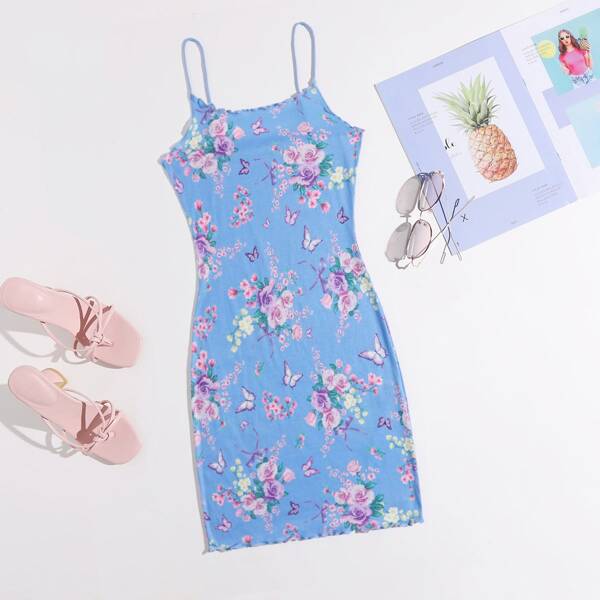 

Lettuce Trim Floral Print Bodycon Dress, Blue