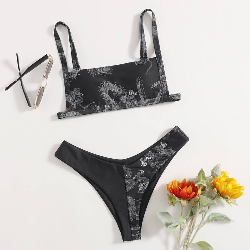 

Dragon Print High Leg Bikini Swimsuit, Black