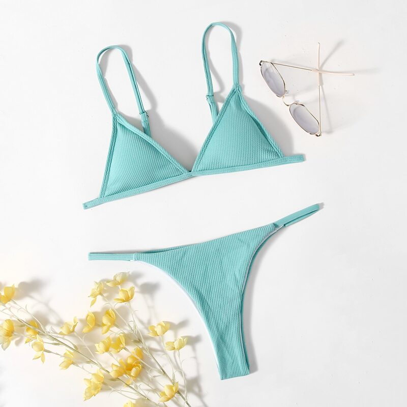 

Ribbed Triangle Thong Bikini Swimsuit, Mint blue