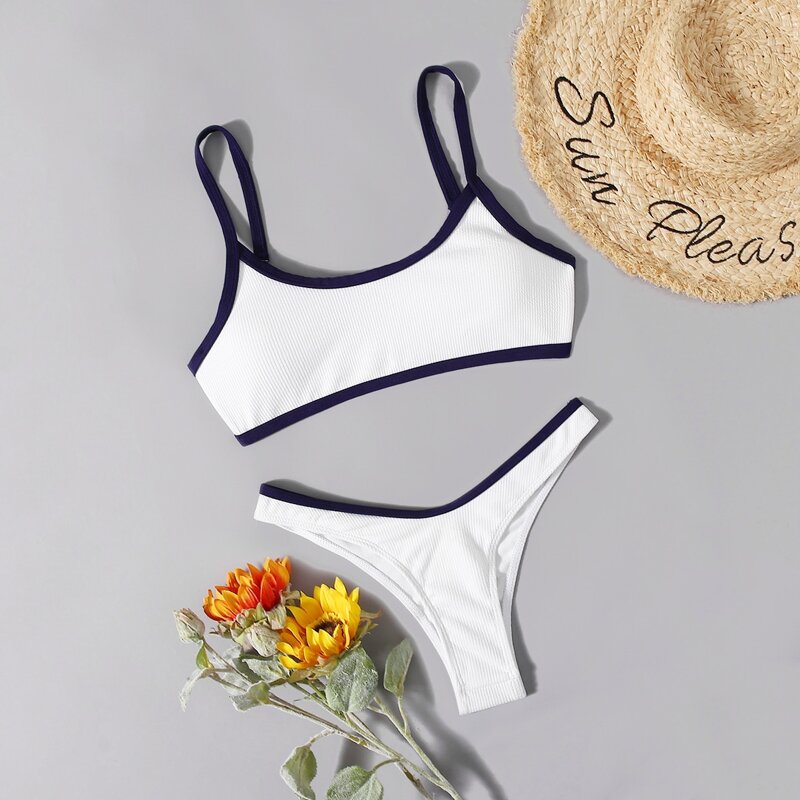 

Contrast Binding High Leg Bikini Swimsuit, Blue and white