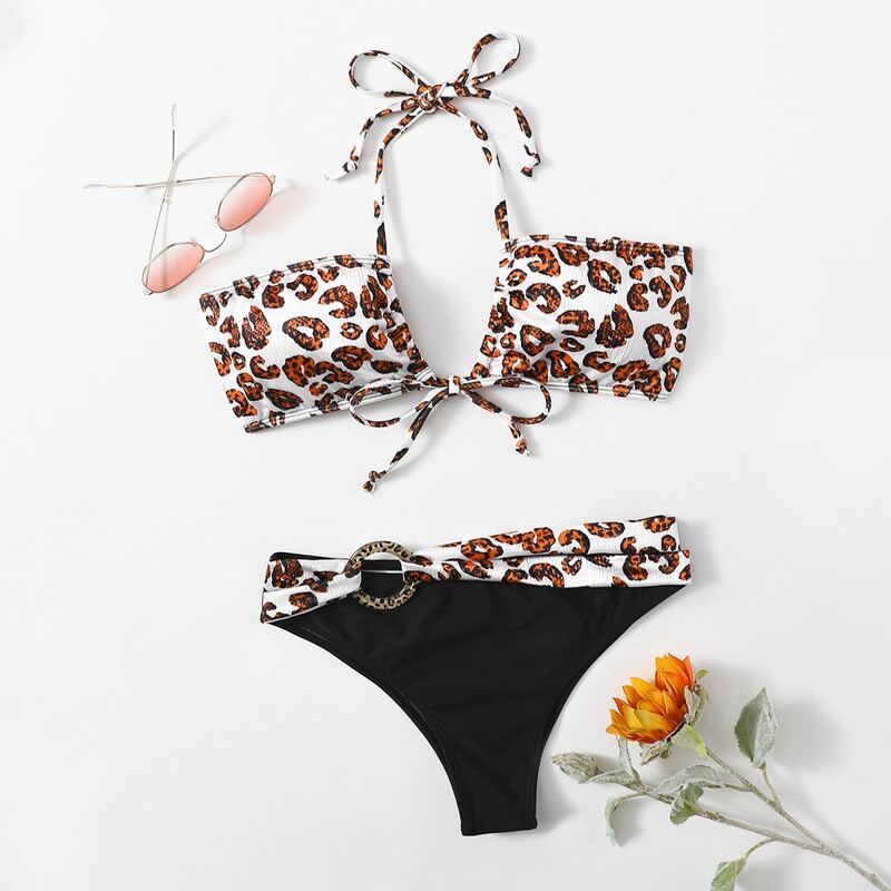 

Leopard Ring Decor Bikini Swimsuit, Black and white