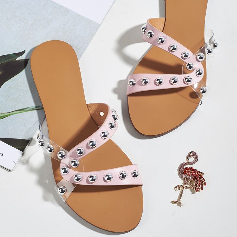 

Bead Decor Slide Sandals, Baby pink