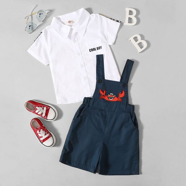 

Toddler Boys Letter Tape Shirt & Pinafore Romper, Blue and white
