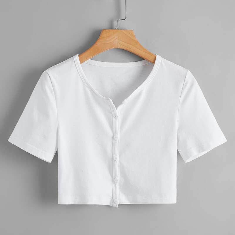 

Solid Button Front Crop Tee, White