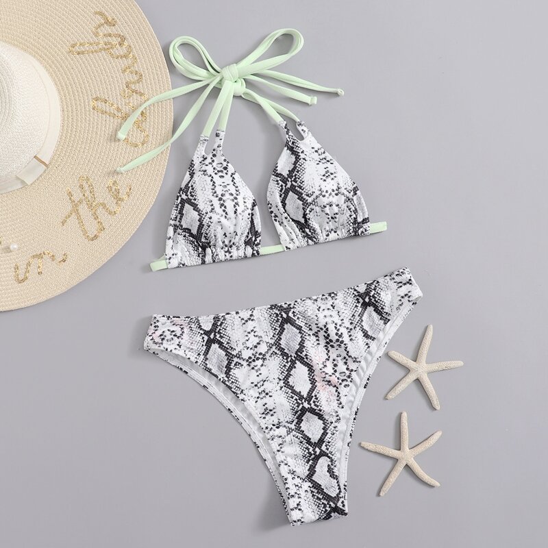 

Snakeskin Print Halter Bikini Swimsuit, Black and white
