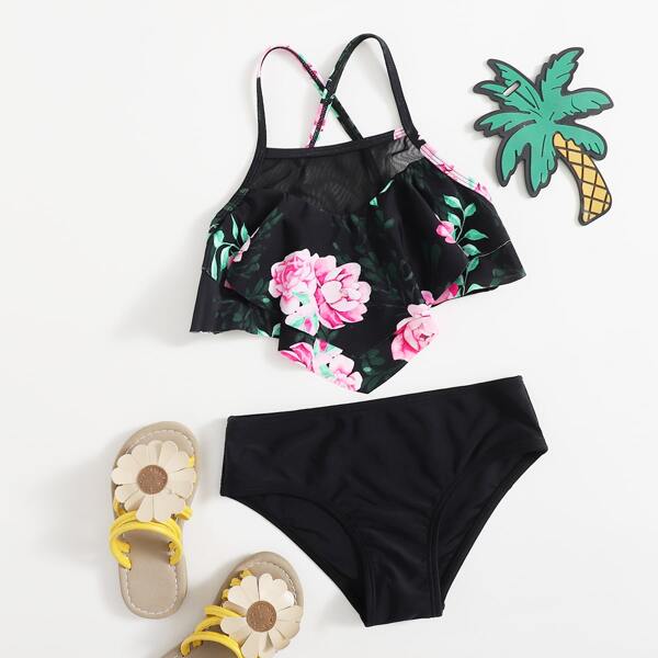 

Toddler Girls Floral Tiered Layer Bikini Swimsuit, Black