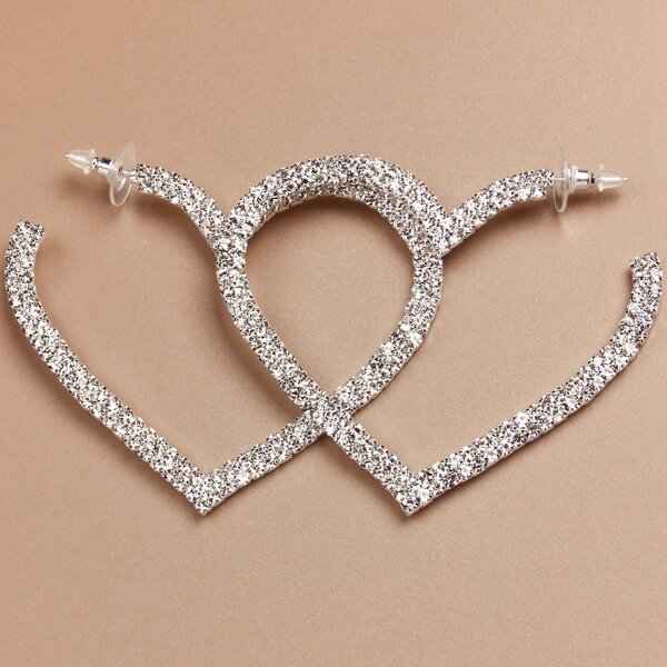 

Rhinestone Heart Design Hoop Earrings, Silver
