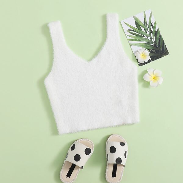 

Girls Solid Fuzzy Tank Knit Top, White