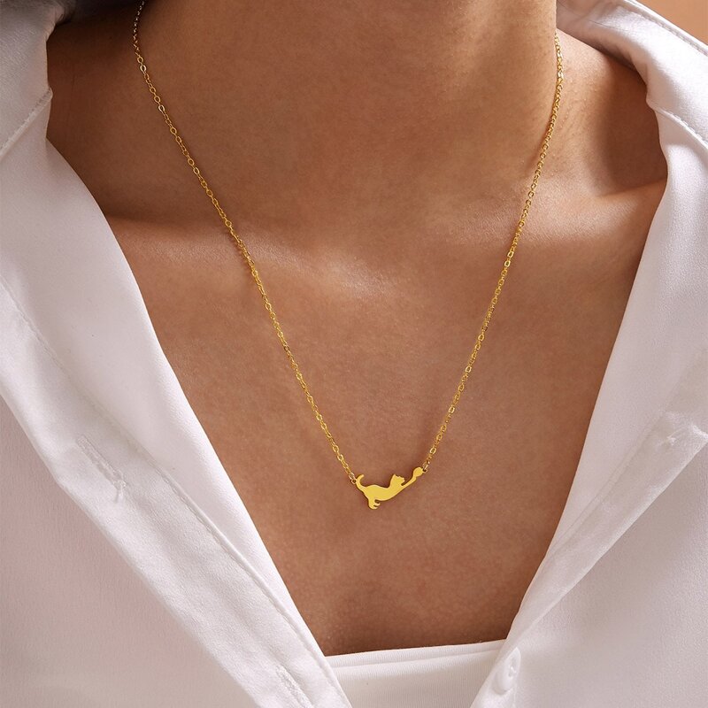 

1pc Cat Charm Chain Necklace, Gold
