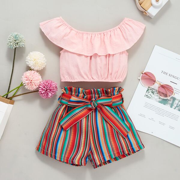 

Toddler Girls Bardot Crop Blouse & Striped Belted Shorts, Multicolor